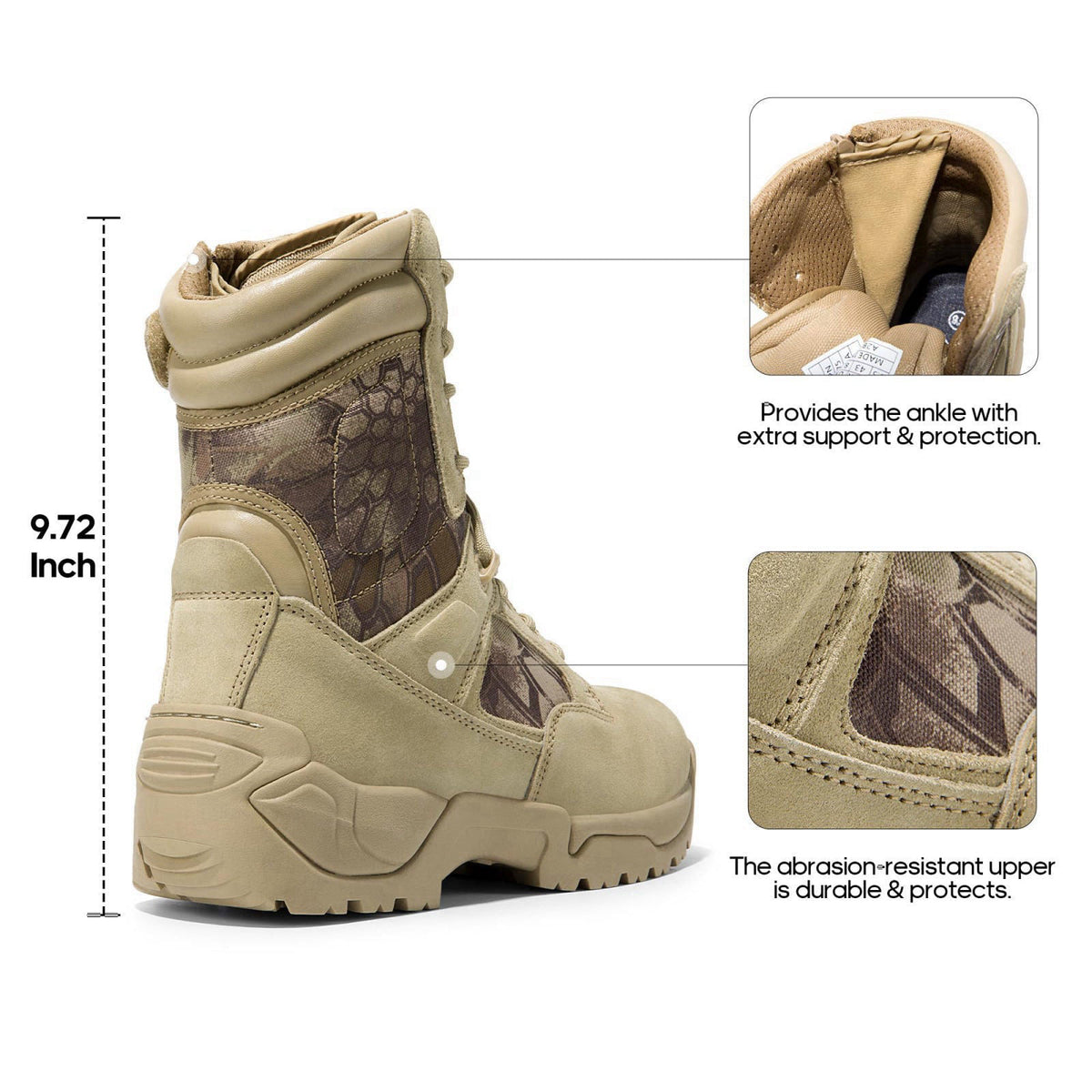 NORTIV 8 Men's Military Tactical Work Boots Hiking Side Zip – full view, size US Size UK Size EU Size JP Size Heel to to