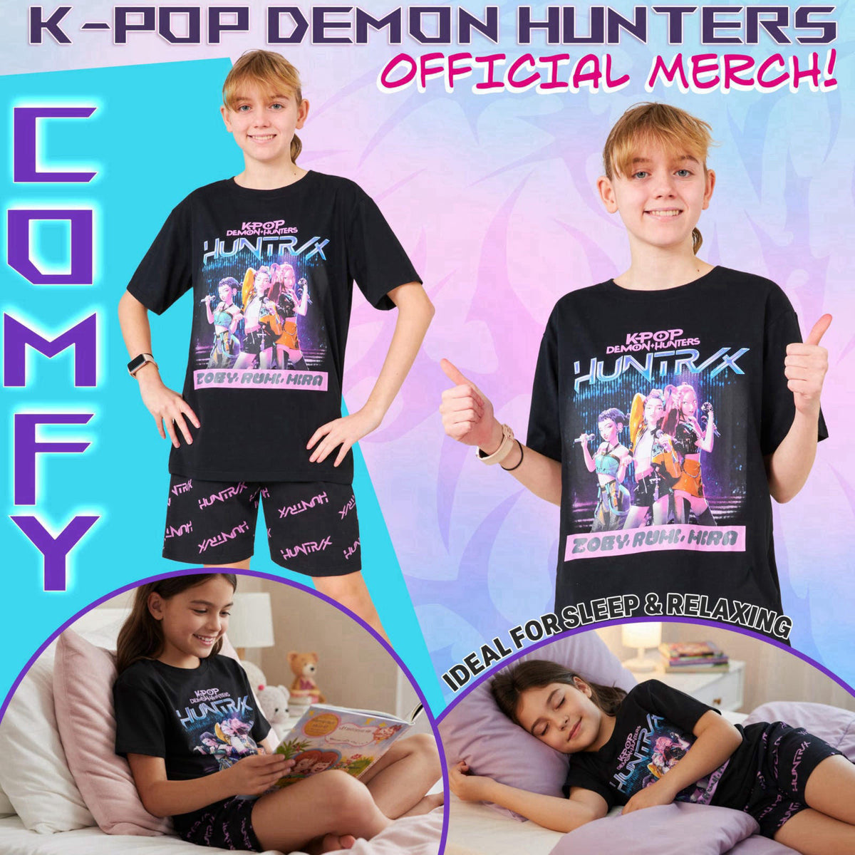 KPop Demon Hunters Officially Licensed 2-Pc Pajamas Set Girls, 5–14 Yrs, Soft PJs Lounge Set T Shirt Shorts, Gifts for G