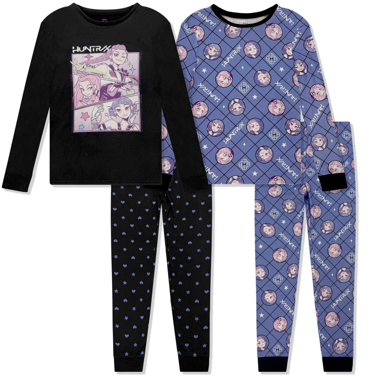 Komar Kids KPop Demon Hunters 4 Piece Pajama Set - Girls PJ's Long Sleeve Shirt & Pants Huntrix Design Kids Sleepwear - 