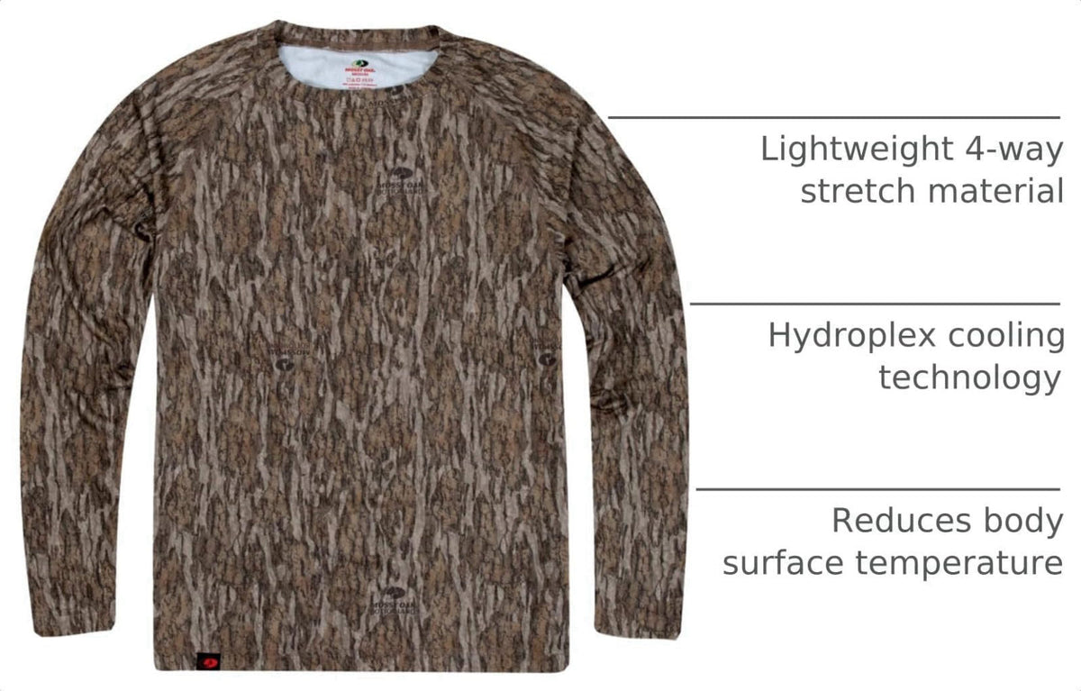 Mossy Oak Tibbee Flex Men's Long Sleeve Camo Hunting Shirts – back view and specifications