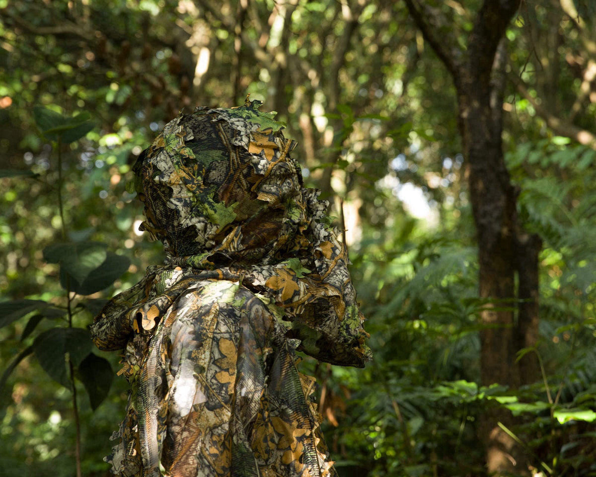 Ginsco Ghillie Suit Full Face Mask Gloves Set, 3D Leafy Camo Suit for Men, Outdoor Hunting Photography – full view, size
