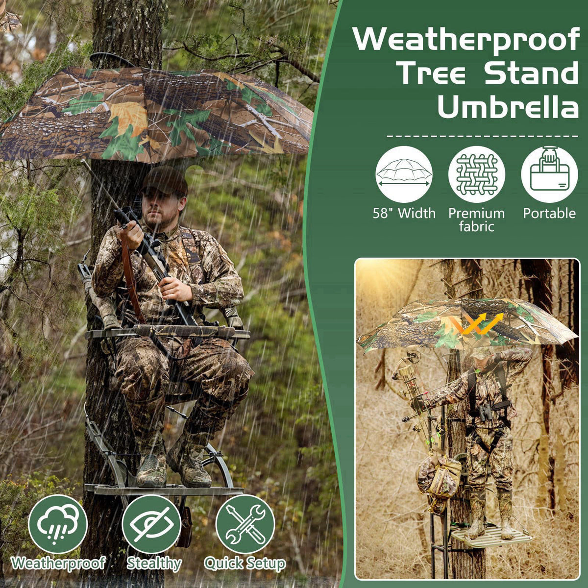 ANGAR 58" Wide Tree Stand Umbrella, Portable Weatherproof Hunting Shade, Camo – close-up detail in Camouflage