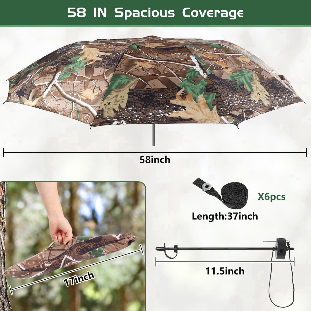 ANGAR 58" Wide Tree Stand Umbrella, Portable Weatherproof Hunting Shade, Camo – packaging and label