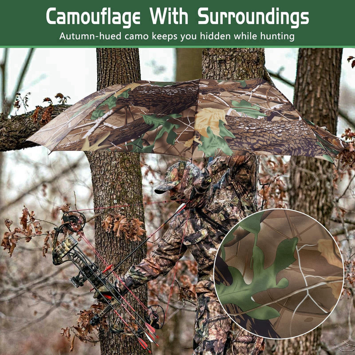 ANGAR 58" Wide Tree Stand Umbrella, Portable Weatherproof Hunting Shade, Camo – back view and specifications