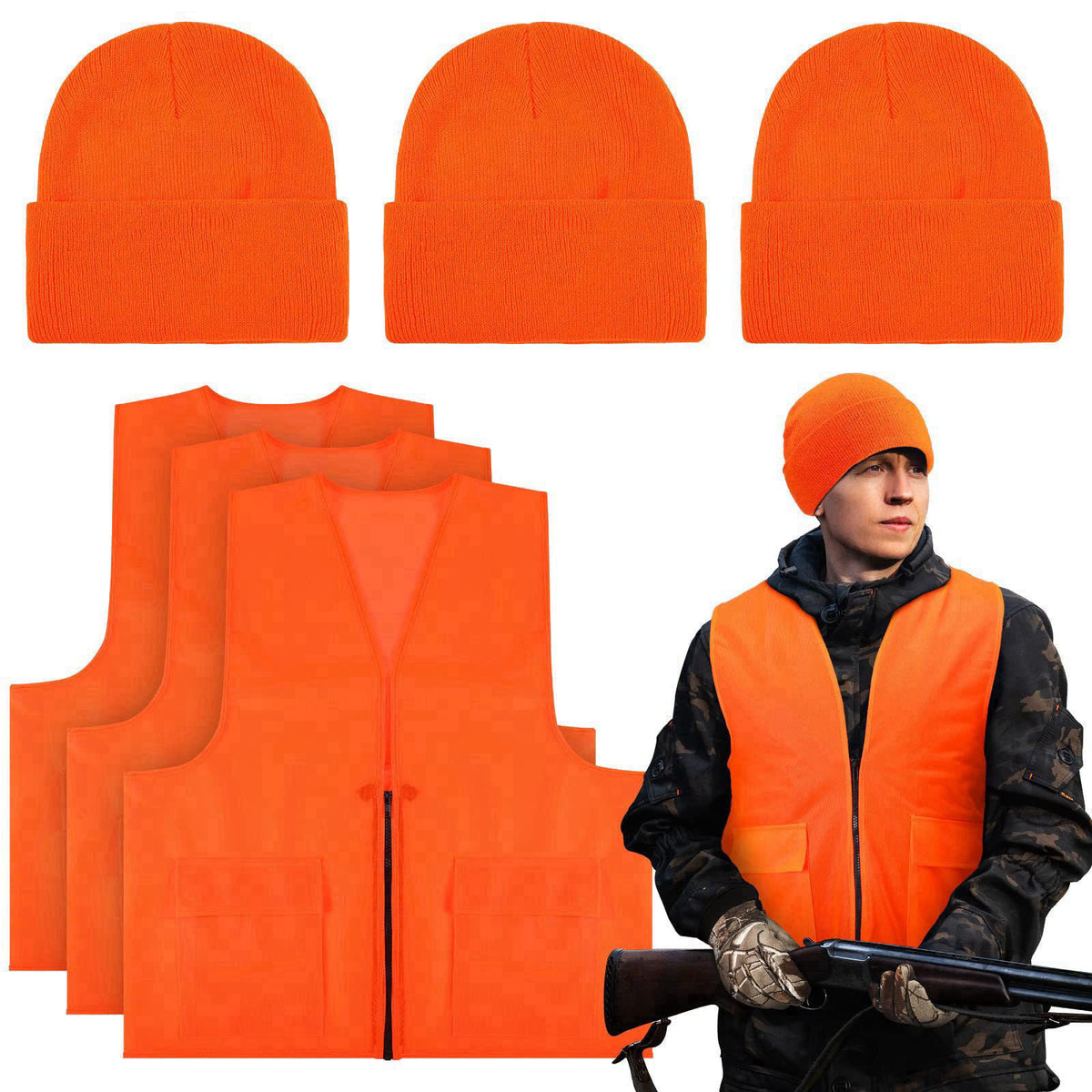 Jiuguva 6 Pcs Blaze Orange Vest Hunting Hat Vest and Cap – product photo (Tactical Vests)