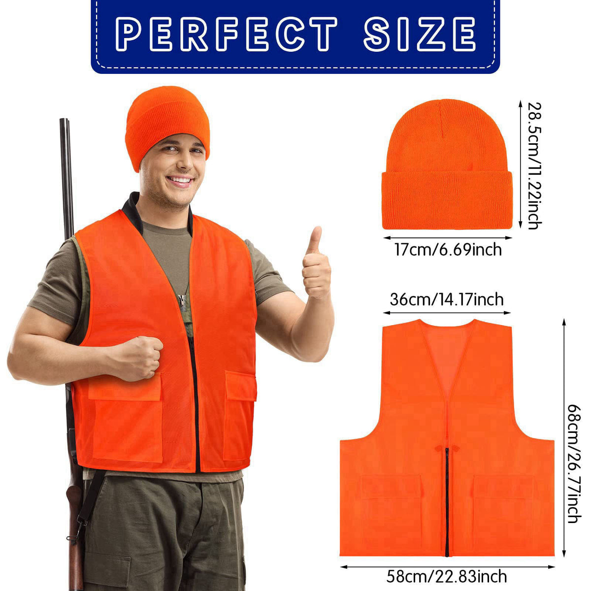 Jiuguva 6 Pcs Blaze Orange Vest Hunting Hat Vest and Cap – packaging and label