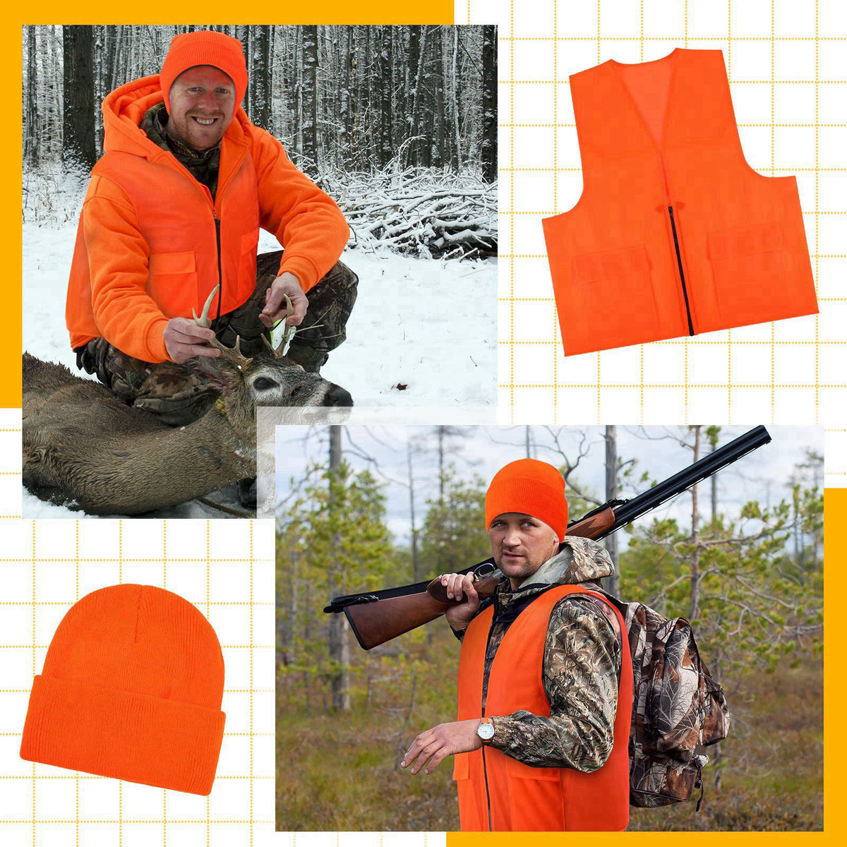 Jiuguva 6 Pcs Blaze Orange Vest Hunting Hat Vest and Cap – full view, size Positive