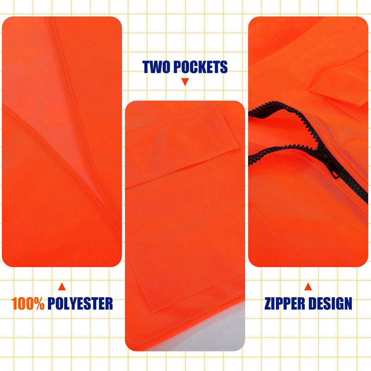 Jiuguva 6 Pcs Blaze Orange Vest Hunting Hat Vest and Cap – back view and specifications