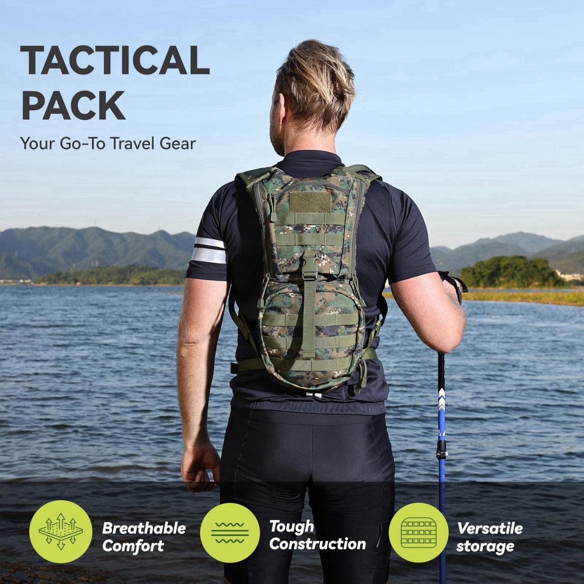 MARCHWAY Tactical Molle Hydration Pack Backpack with 3L TPU Water Bladder – close-up detail in Digital Woodland
