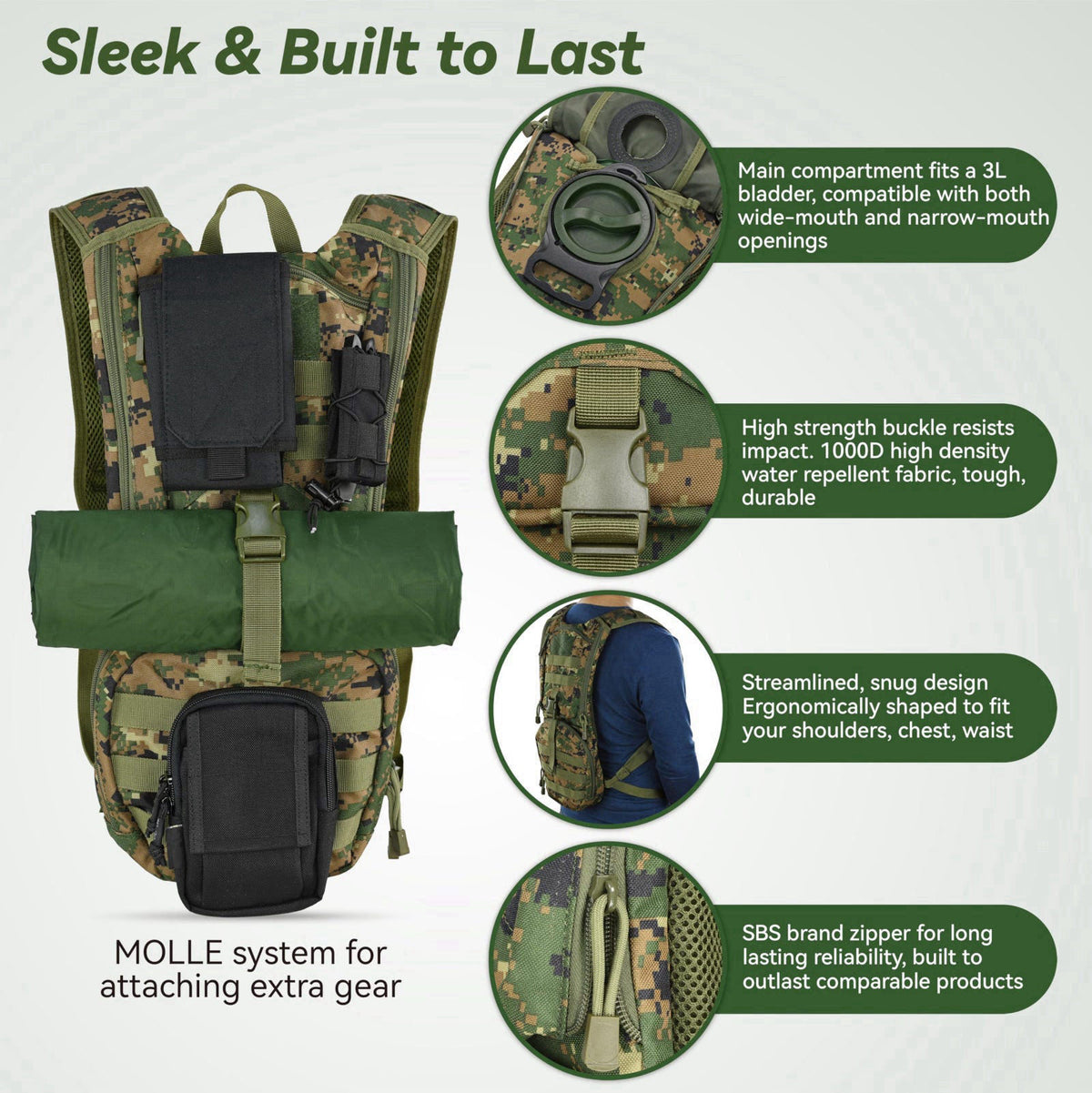 MARCHWAY Tactical Molle Hydration Pack Backpack with 3L TPU Water Bladder – packaging and label