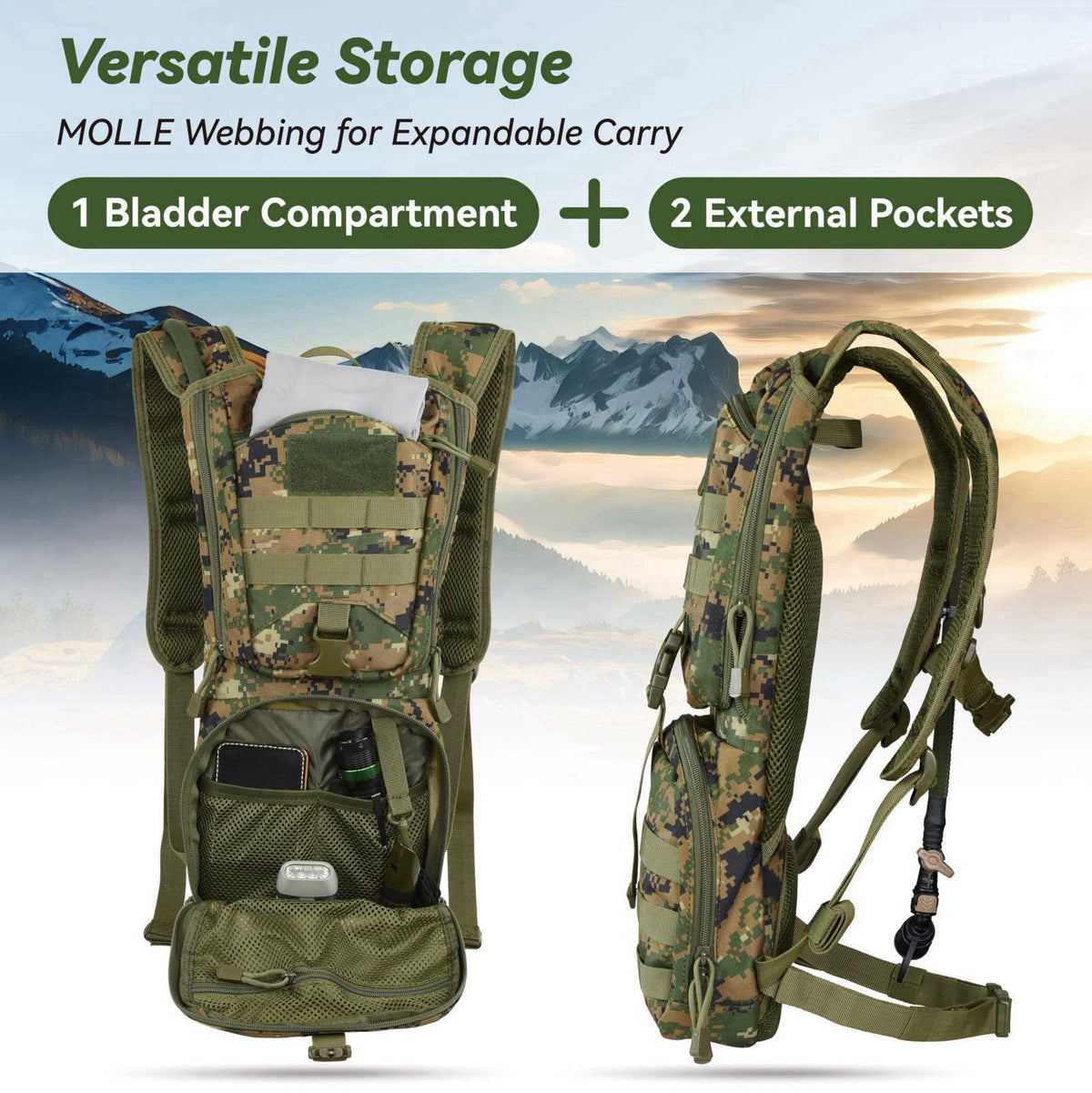MARCHWAY Tactical Molle Hydration Pack Backpack with 3L TPU Water Bladder – full view