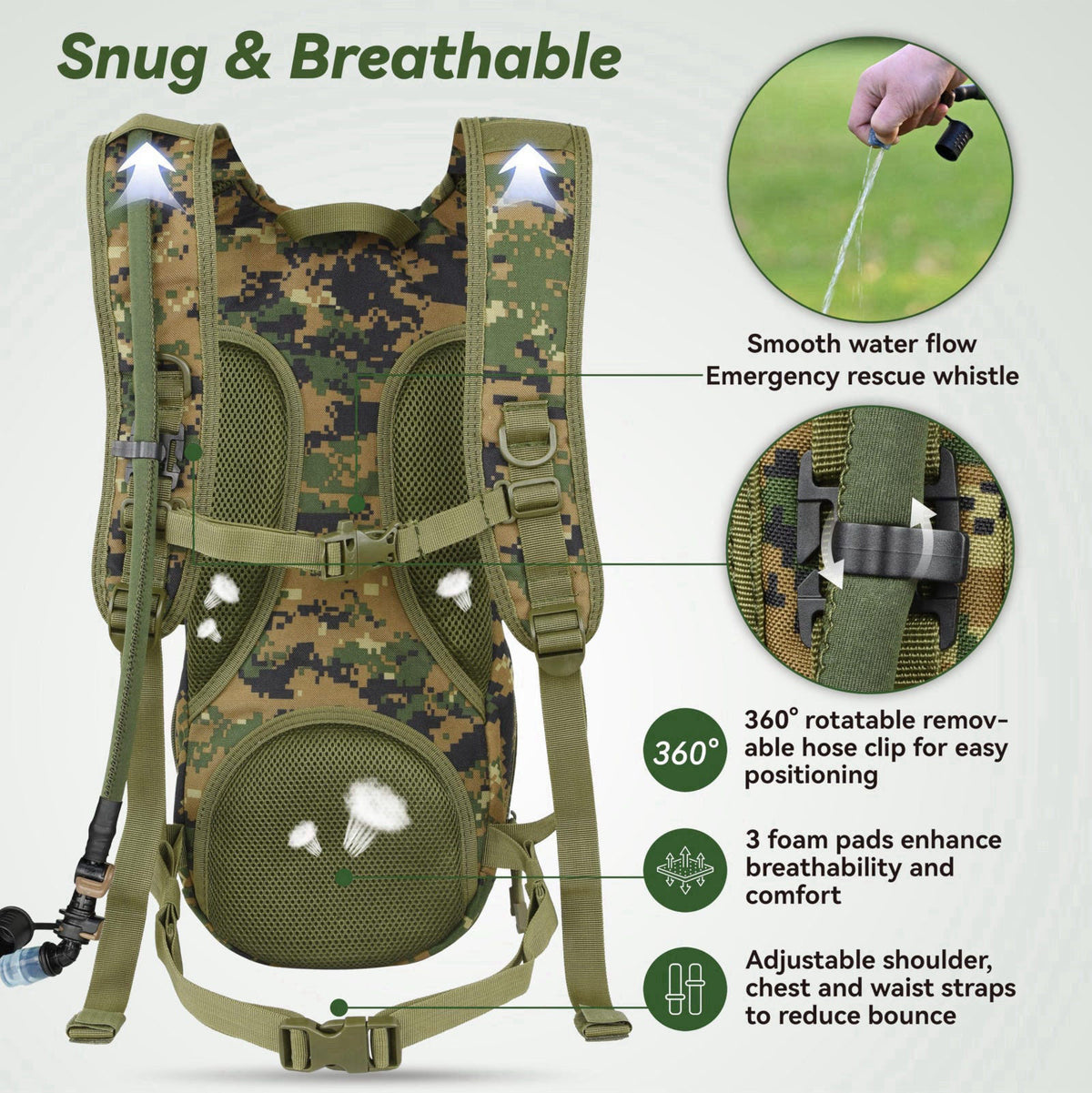 MARCHWAY Tactical Molle Hydration Pack Backpack with 3L TPU Water Bladder – back view and specifications