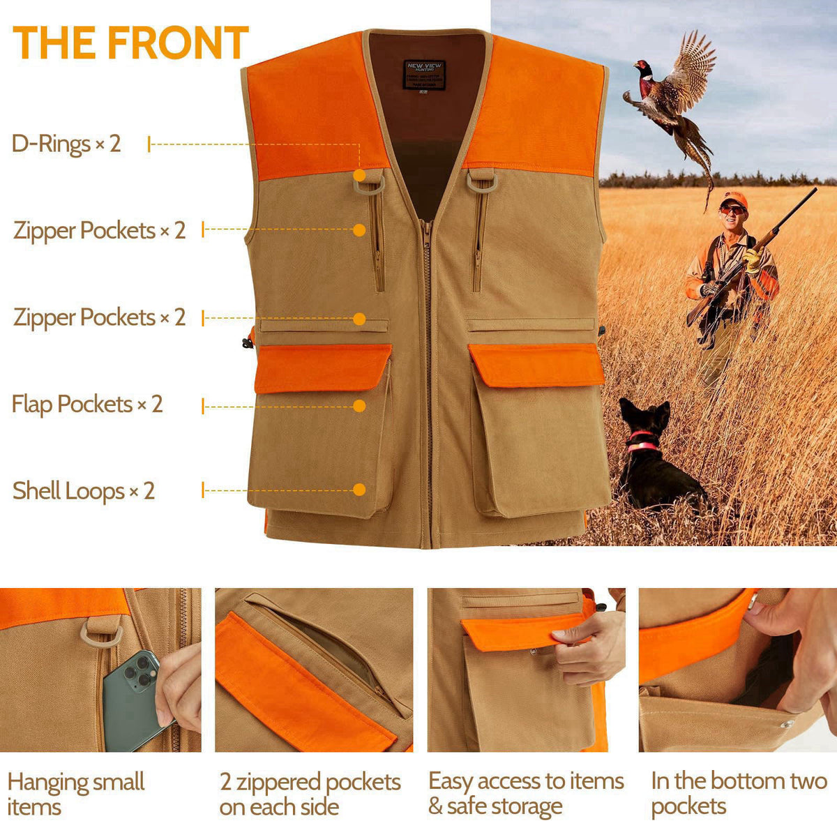 NEW VIEW Upland Hunting Vest for Men- Blaze Orange, Pheasant Hunting Vest with Game Pouch, Bird Hunting Vest for Quail –