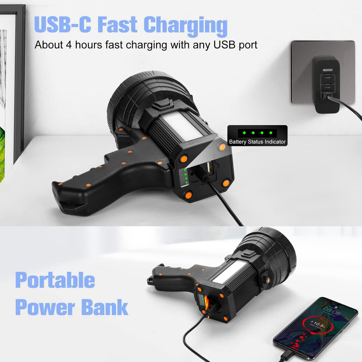 YIERBLUE Rechargeable Spotlight, Super Bright 2000,000 High Lumen LED Handheld Spotlight Long Lasting Large Flashlight S