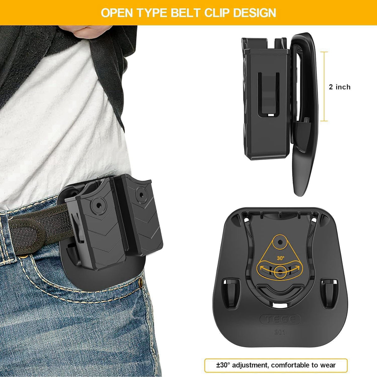 FASTSPOK Universal Double Magazine Holster,Compatible with Popular 9mm/.40 Caliber Pistol Magazines, – back view and spe