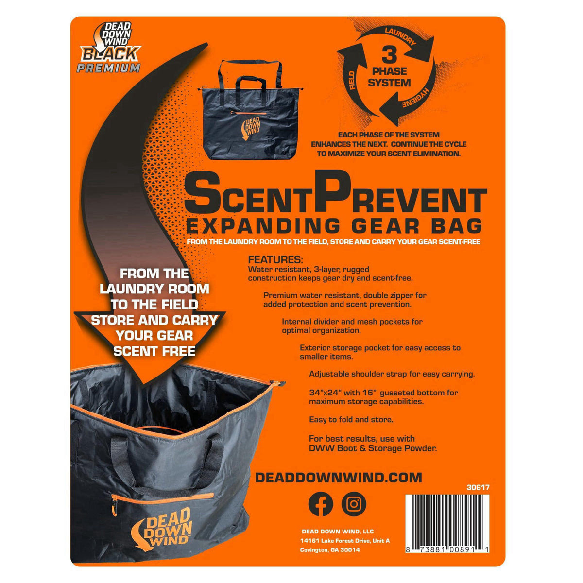 Dead Down Wind BLACK Premium Scent Prevent Travel Bag 33" x 24" – full view, size 34" x 24" with 16"