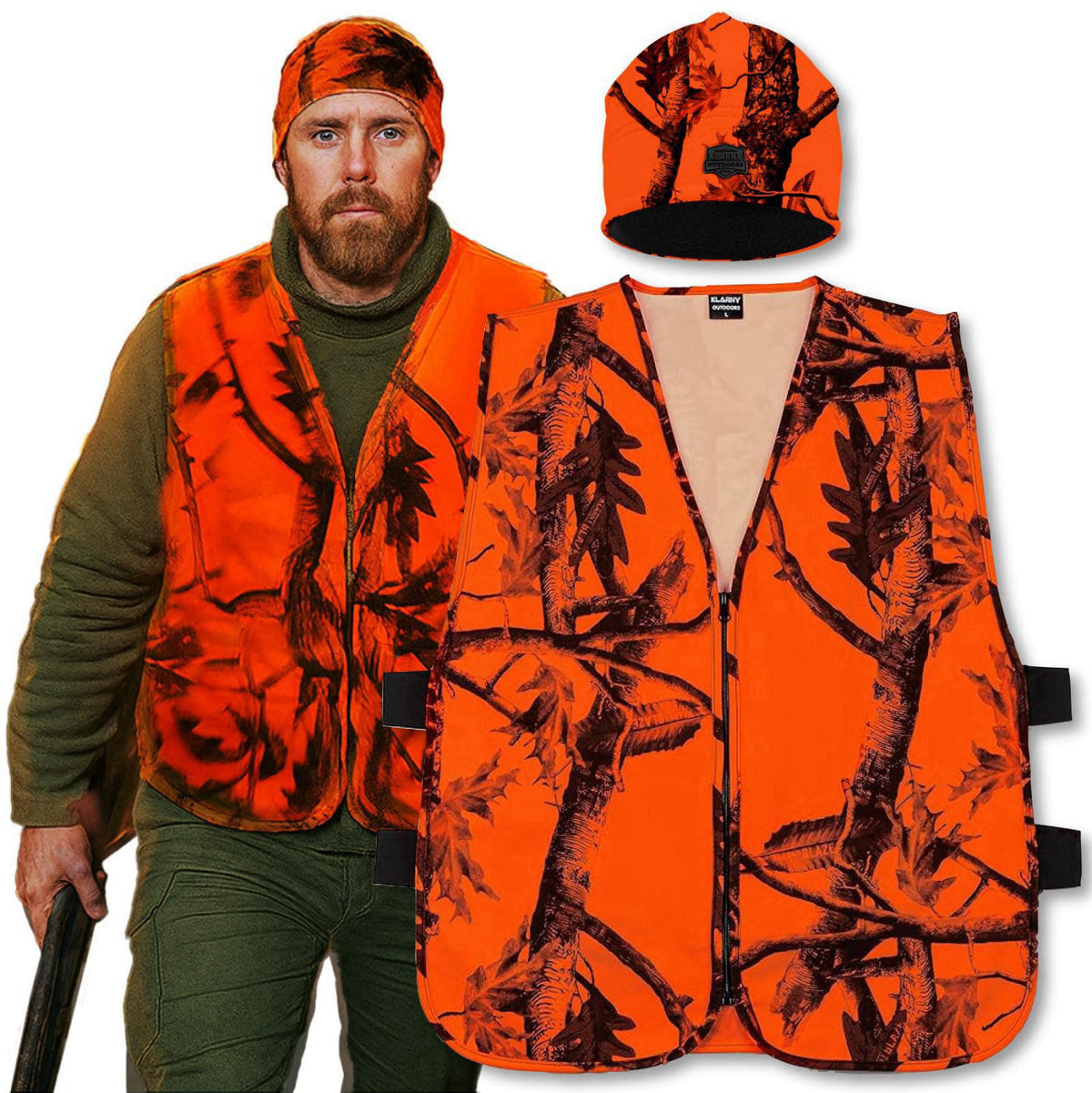 Klarny Outdoors Camo Orange Hunting Vest & Beanie Combo, Hi-Vis Waterproof Safety Gear, XL – product photo (Camouflage A