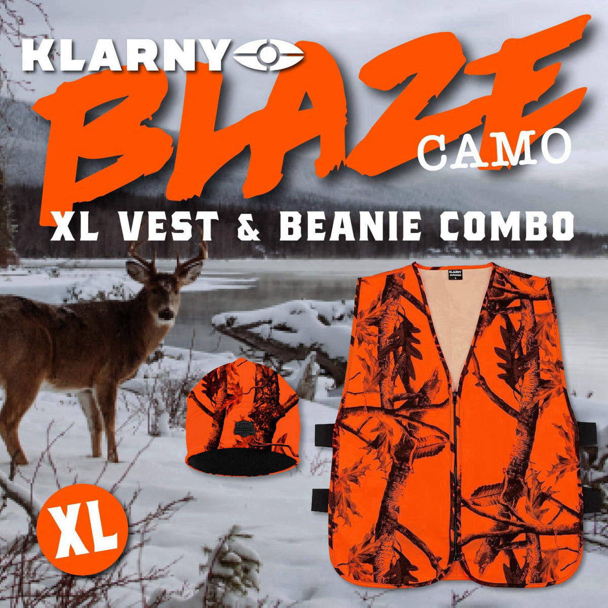 Klarny Outdoors Camo Orange Hunting Vest & Beanie Combo, Hi-Vis Waterproof Safety Gear, XL – packaging and label