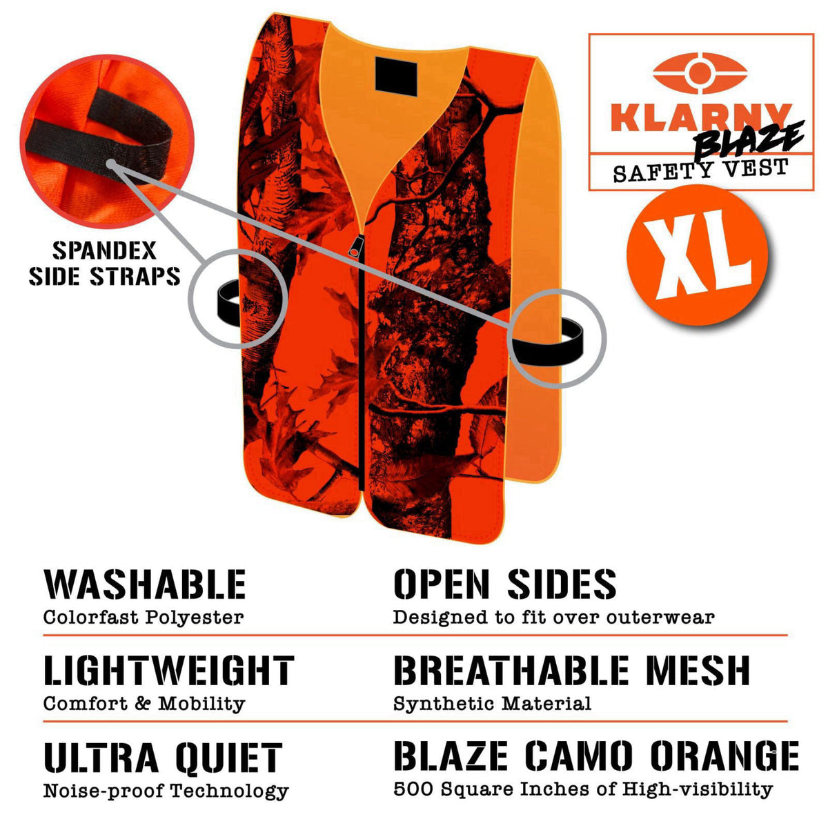 Klarny Outdoors Camo Orange Hunting Vest & Beanie Combo, Hi-Vis Waterproof Safety Gear, XL – full view, size Positive