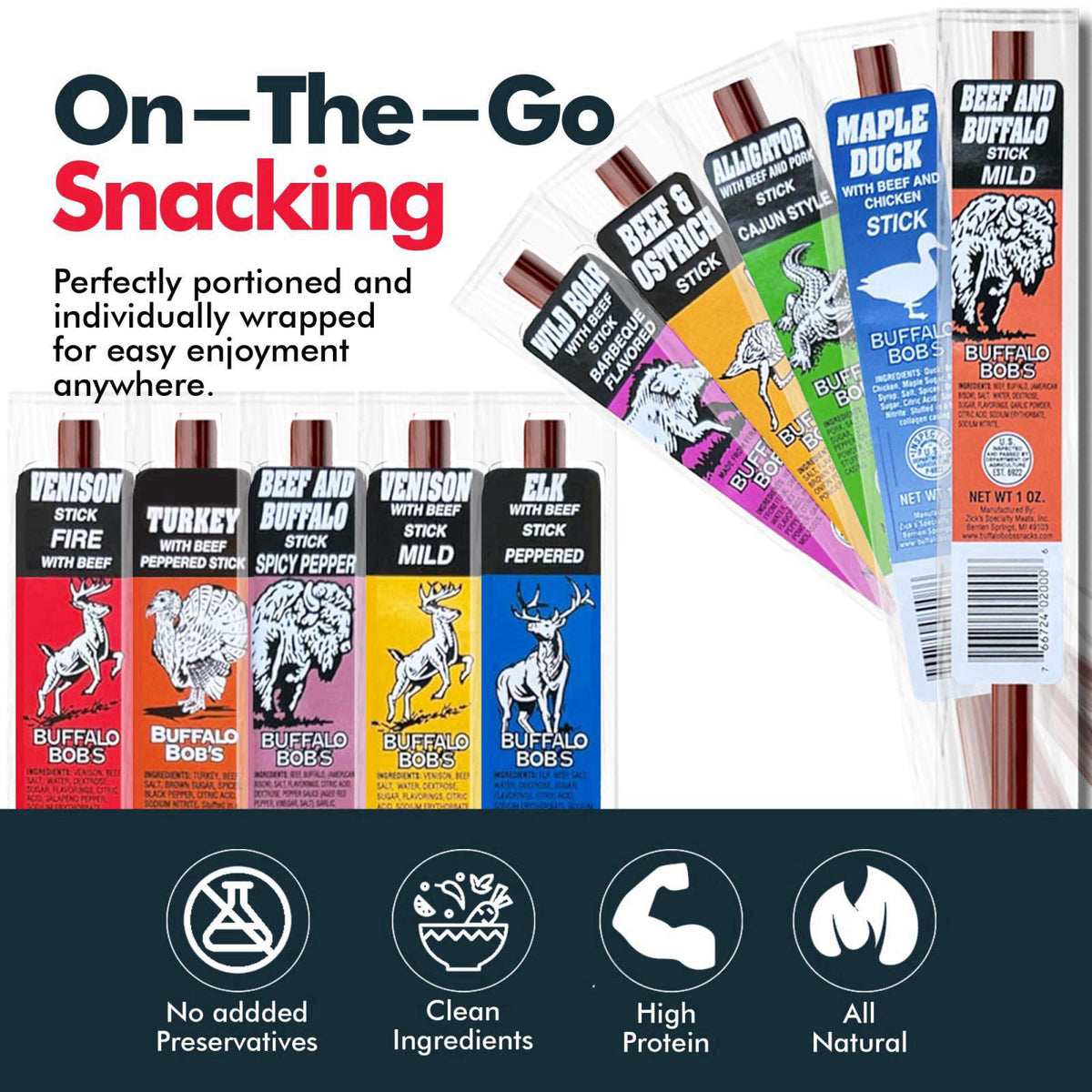 Jerky-n-Spice Wild Game Meat Sticks Gift Box, 10-Pack Exotic Jerky – close-up detail