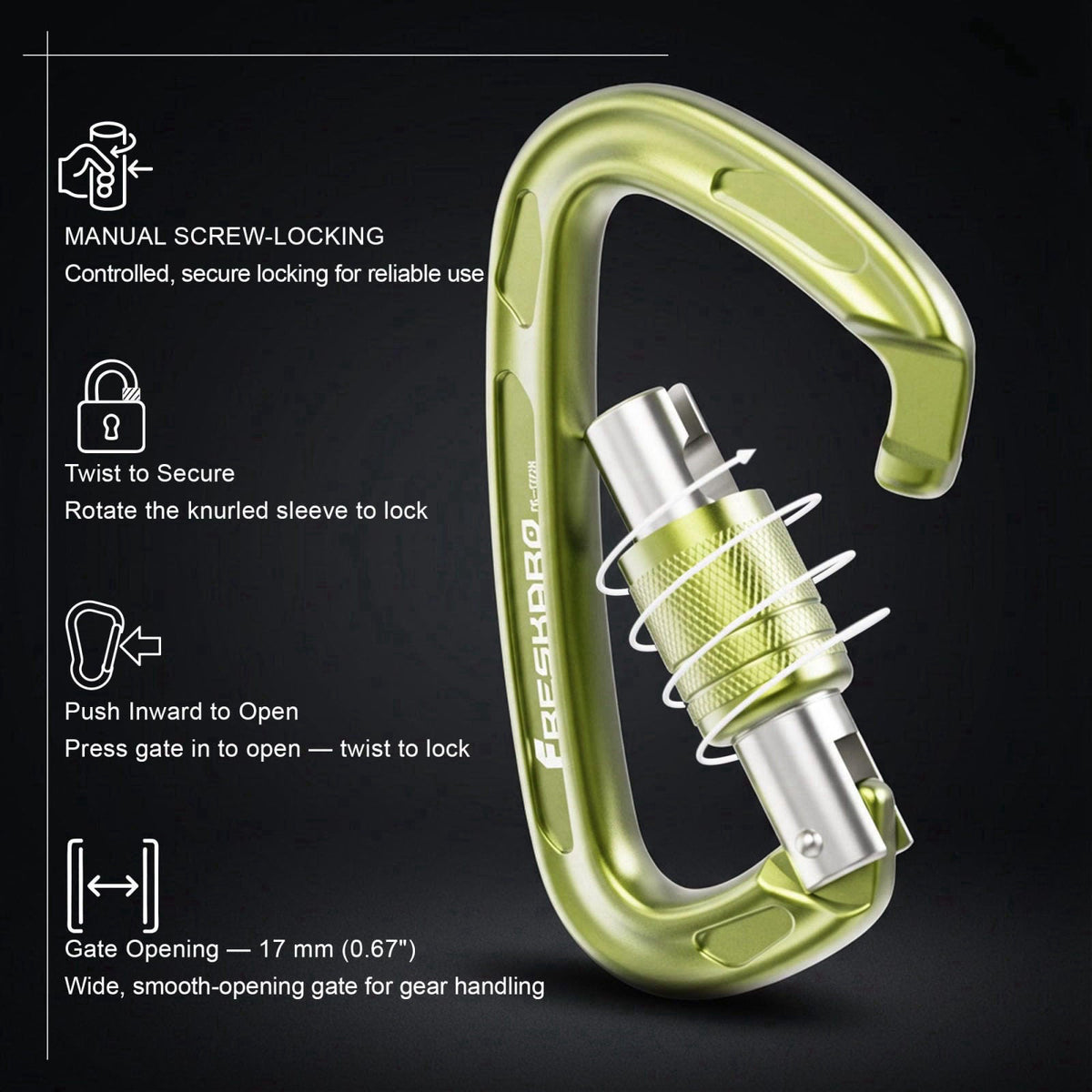 FresKaro 4inches 25kN-5621lbs Climbing Carabiners, UIAA CE Certified, Screw Lock, 7075 Aluminium, Lightweight, Rust Proo