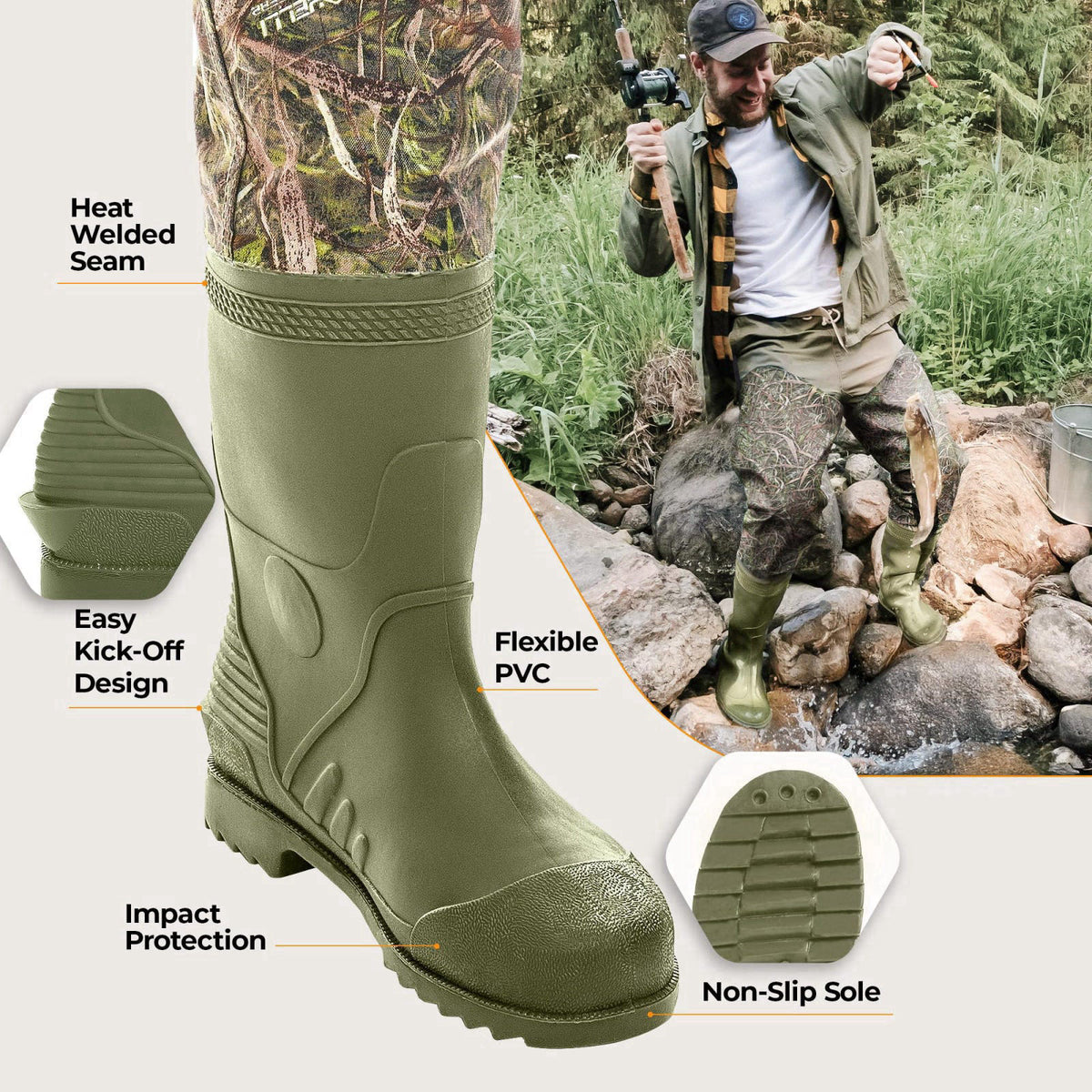 Foxelli Hip Waders – Waterproof Camo Waders for Men & Women with Boots, Lightweight Wading Hip Boots for Fishing & Hunti