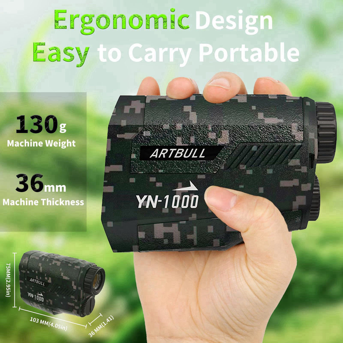 SG SURGOAL Hunting Laser Rangefinder 6X HD LCD Display Gifts for Hunters – back view and specifications