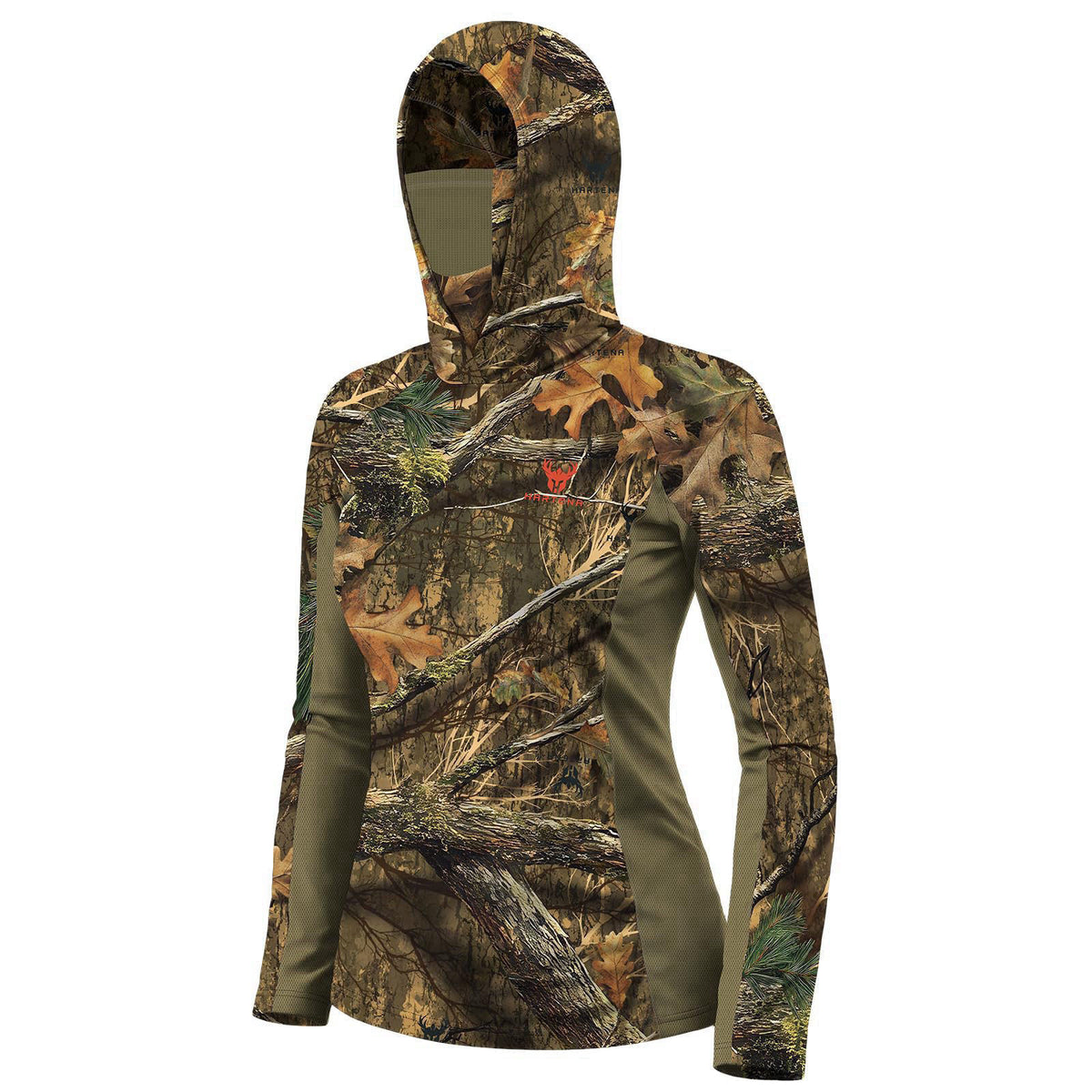 Hartena Women's Camo Hunting Hoodie with Face Mask UPF 50+ Quick Dry Shirt – 90% Polyester, 10% Spandex, Bust (in) Half 