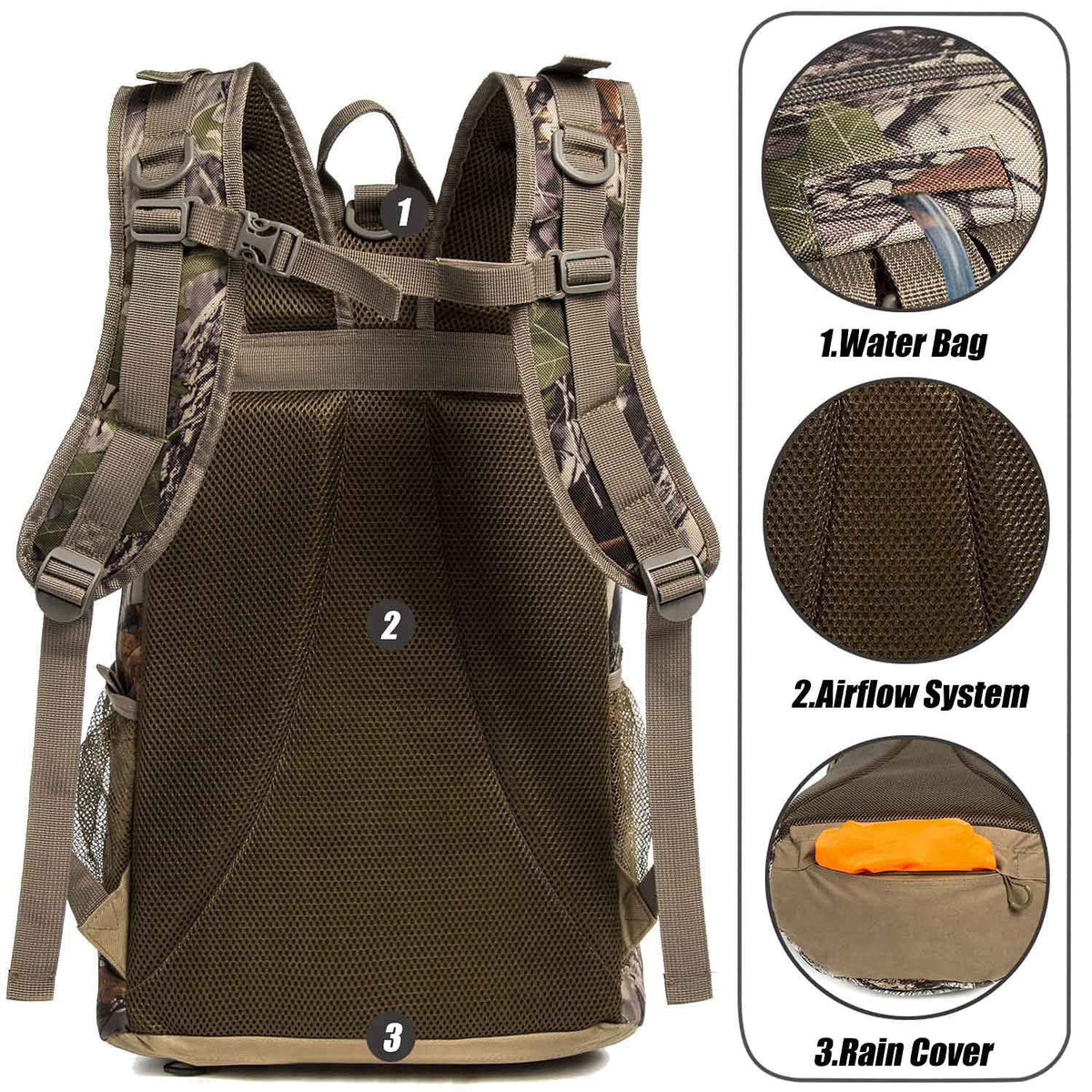 MERALIAN Hunting Backpack,Outdoor Hunting Daypack for Rifle Gun.(Green) – back view and specifications