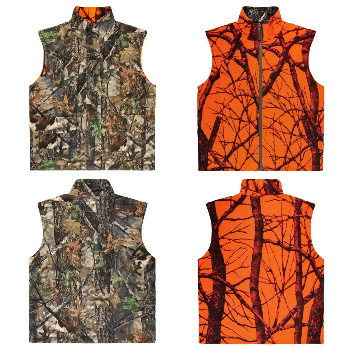 GUGULUZA Reversible Camo & Orange Hunting Vest, Big Game Vest Jacket, M-4XL – full view, size Chest (in) Length (in)