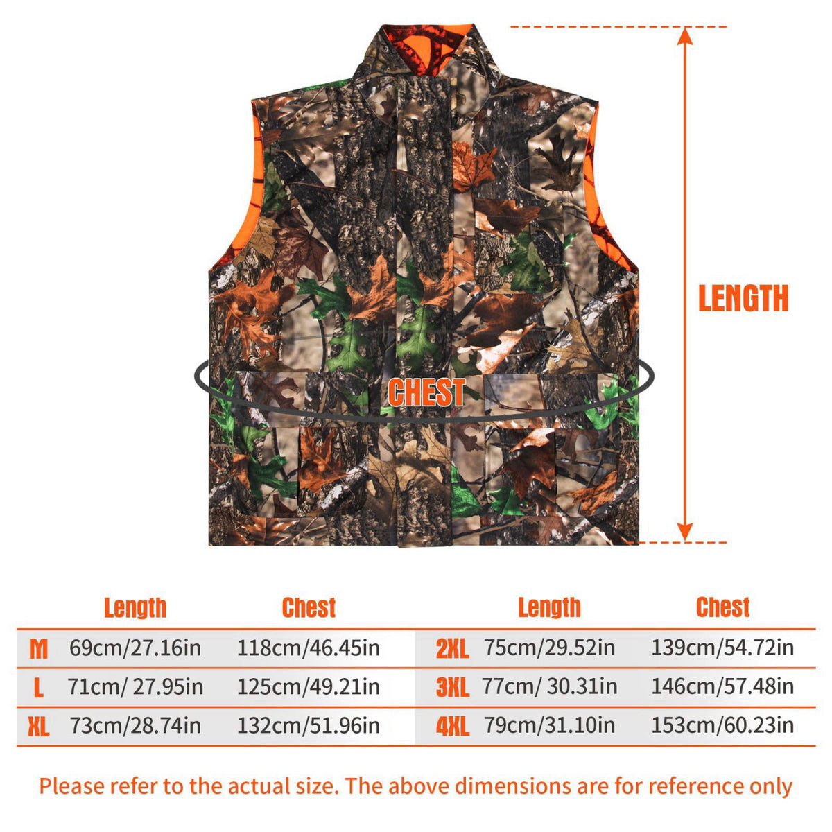 GUGULUZA Reversible Camo & Orange Hunting Vest, Big Game Vest Jacket, M-4XL – back view and specifications