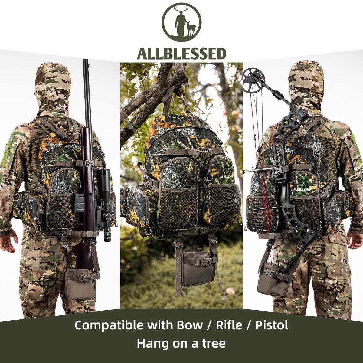 ALLBLESSED Hunting Backpack for Men Hunting Gear Day Pack for Rifle Bow – close-up detail in Blessedbark Camo Blessedlea