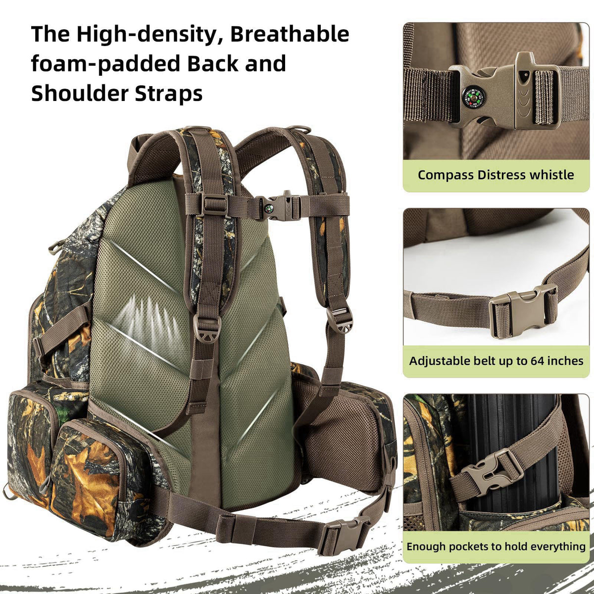 ALLBLESSED Hunting Backpack for Men Hunting Gear Day Pack for Rifle Bow – back view and specifications