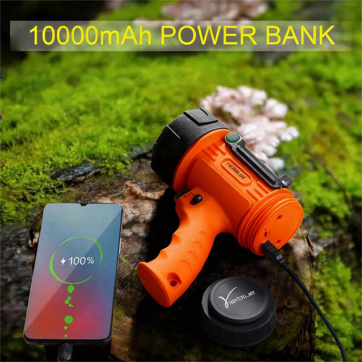 YIERBLUE Rechargeable Spotlight,Handheld Rechargeable Flashlight 200,000 Lumens LED, IP67 Waterproof 12 Hours Running fo