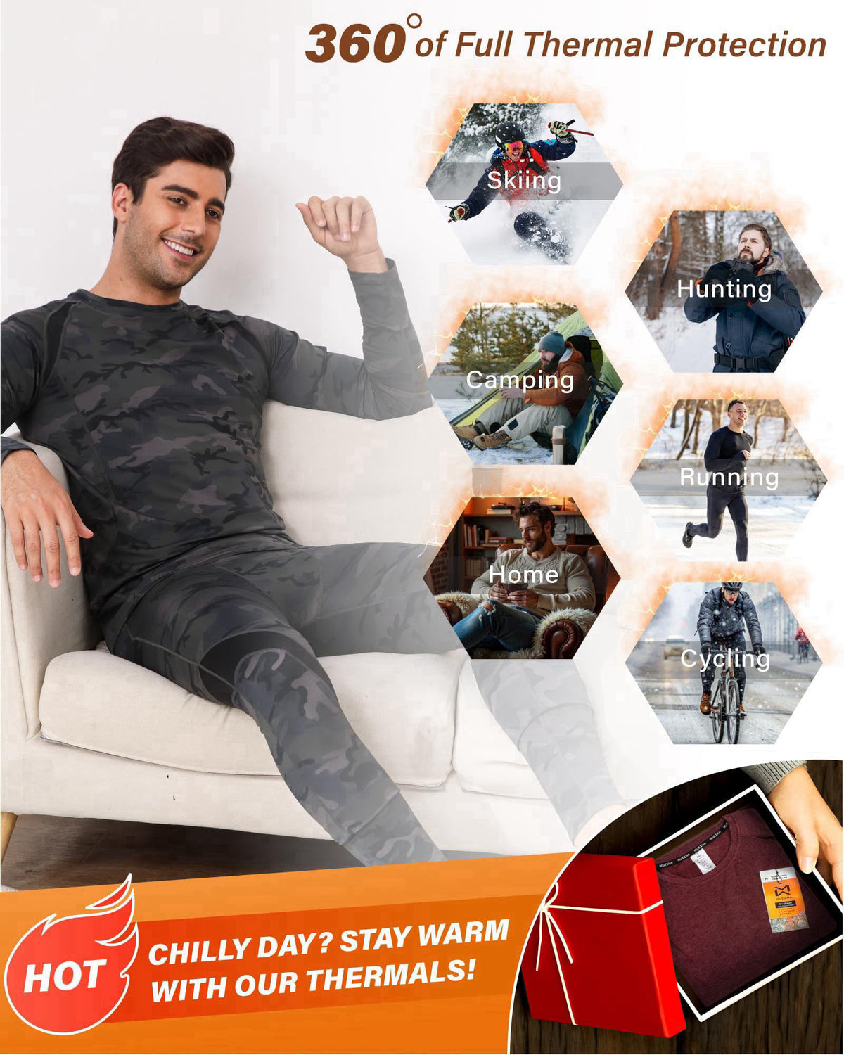 Muezna Men's Thermal Top and Bottom Set Underwear Long Johns Base Layer – back view and specifications
