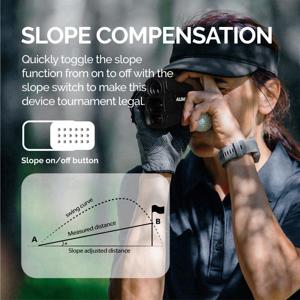 AILEMON Golf Rangefinder with Slope Switch for Tournament Use, 900 Yards – packaging and label