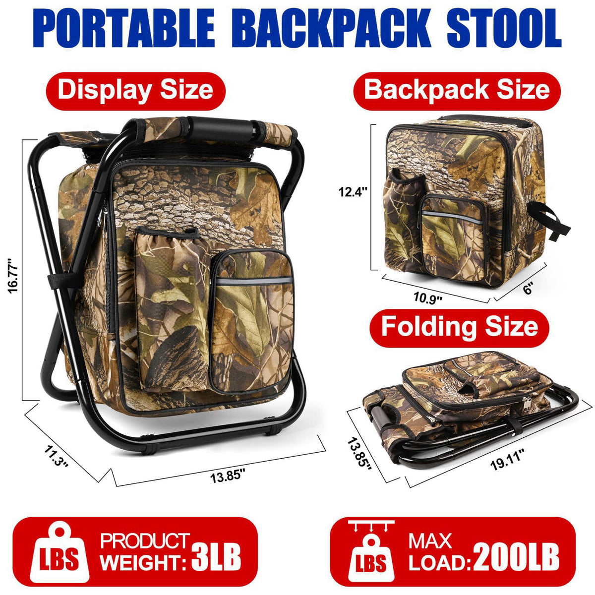 Kikerike Backpack Stool Cooler Chair Heavy Duty 200 LBS Max Load Portable Lightweight Stool Backpack Folding Fishing Coo