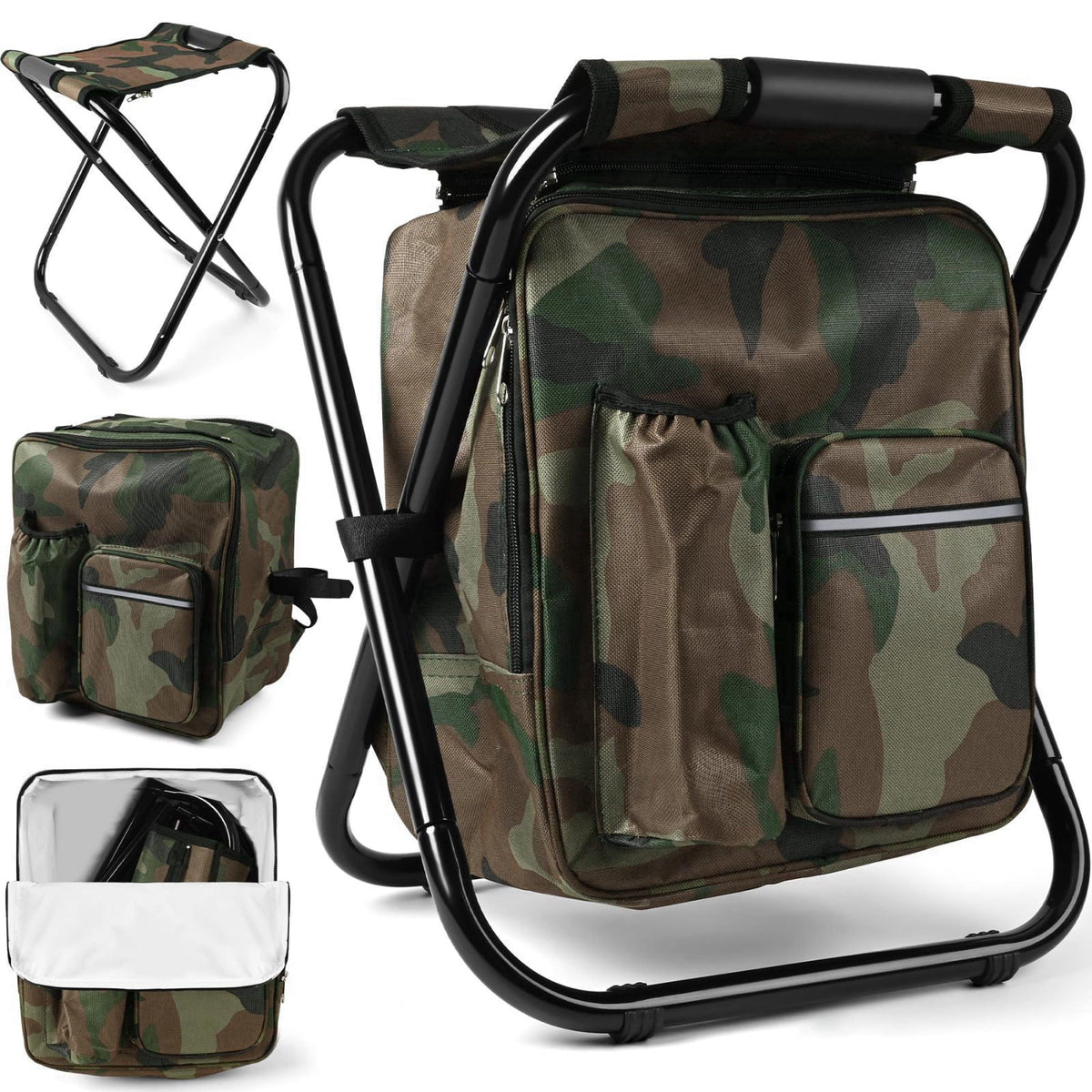 Kikerike Folding Stool Backpack Insulated Cooler Bag, Collapsible Camping Hunting Fishing Multifunction Chair with Front