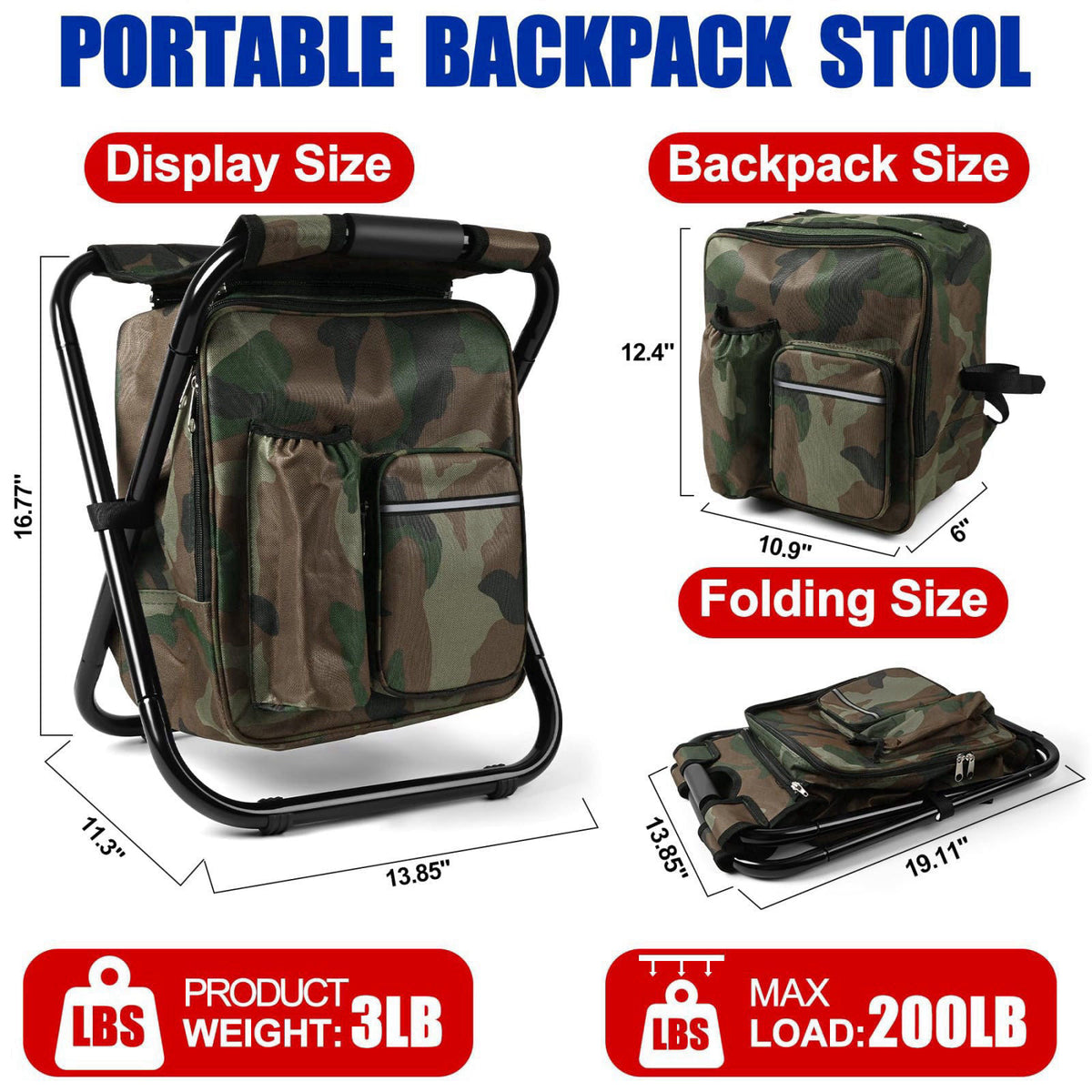 Kikerike Folding Stool Backpack Insulated Cooler Bag, Collapsible Camping Hunting Fishing Multifunction Chair with Front