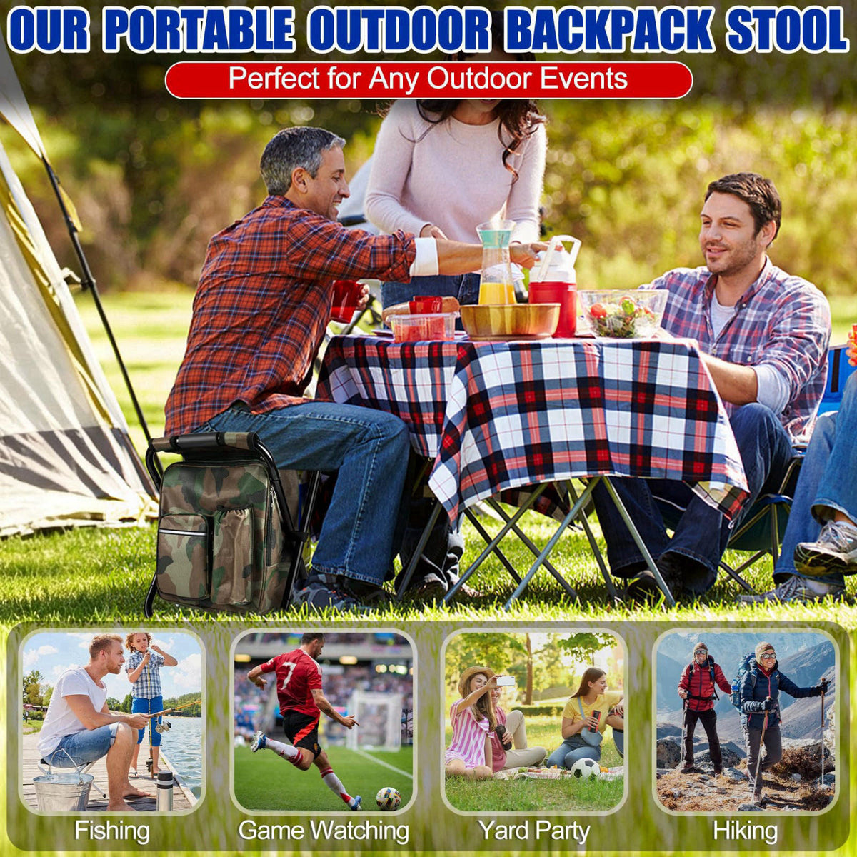 Kikerike Folding Stool Backpack Insulated Cooler Bag, Collapsible Camping Hunting Fishing Multifunction Chair with Front