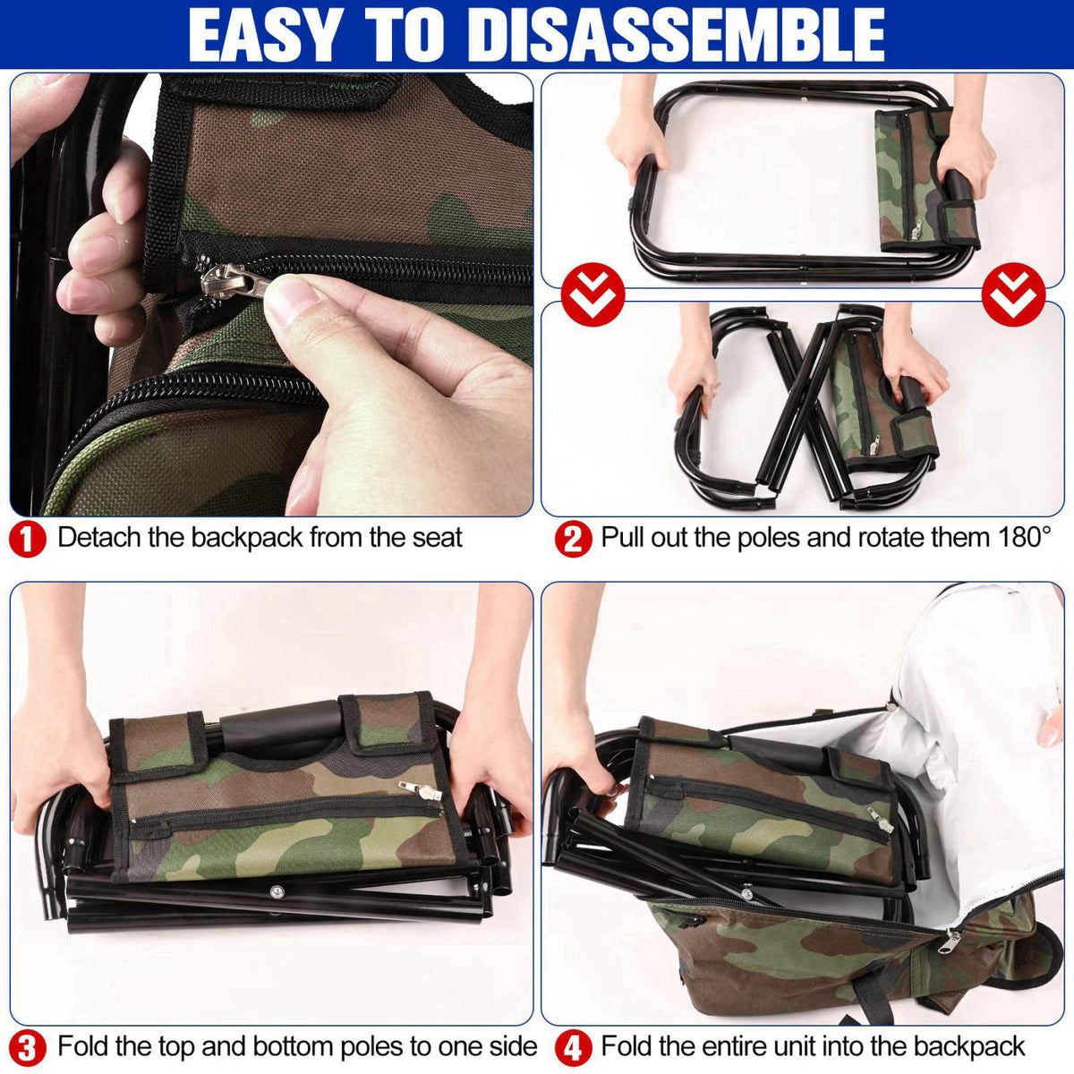 Kikerike Folding Stool Backpack Insulated Cooler Bag, Collapsible Camping Hunting Fishing Multifunction Chair with Front