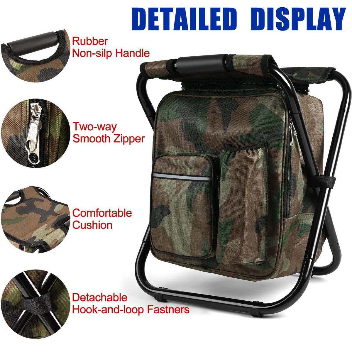 Kikerike Folding Stool Backpack Insulated Cooler Bag, Collapsible Camping Hunting Fishing Multifunction Chair with Front
