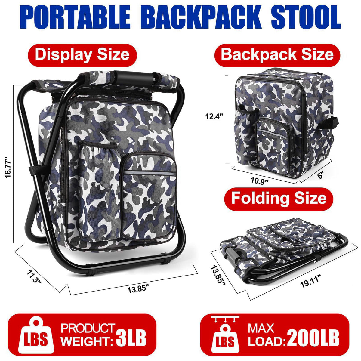 Kikerike Backpack Stool Cooler Chair Heavy Duty 200 LBS Max Load Portable Lightweight Stool Backpack Folding Fishing Coo