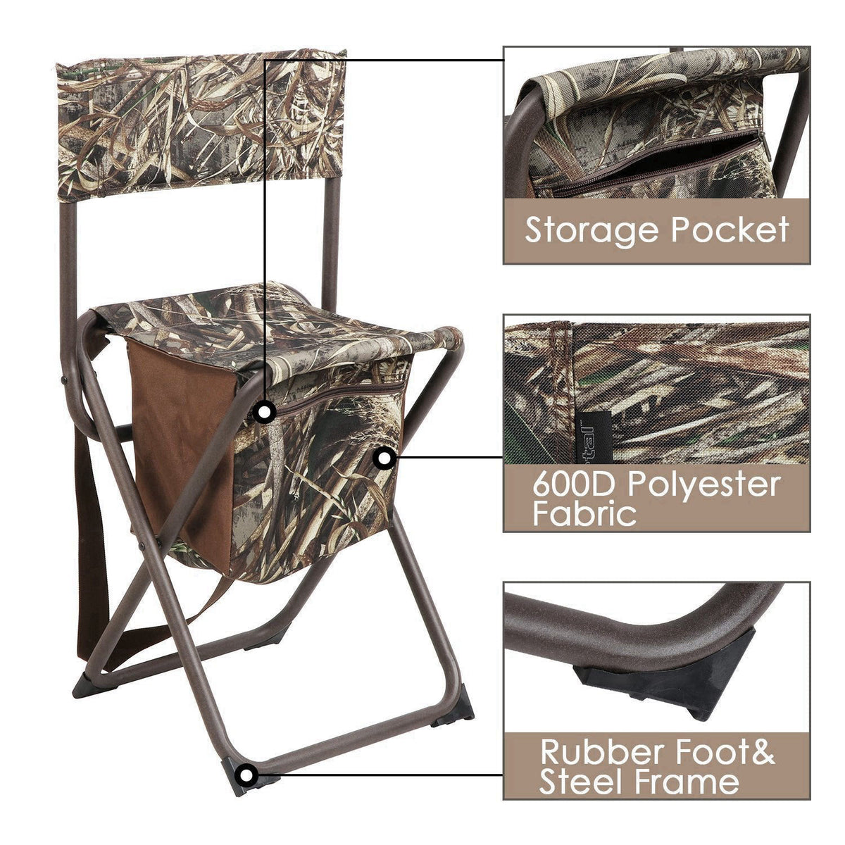PORTAL Folding Seat, Lightweight Backrest Stool Hunting Fishing Chair with Storage Pocket for Camping, Hiking, Beach, Pi