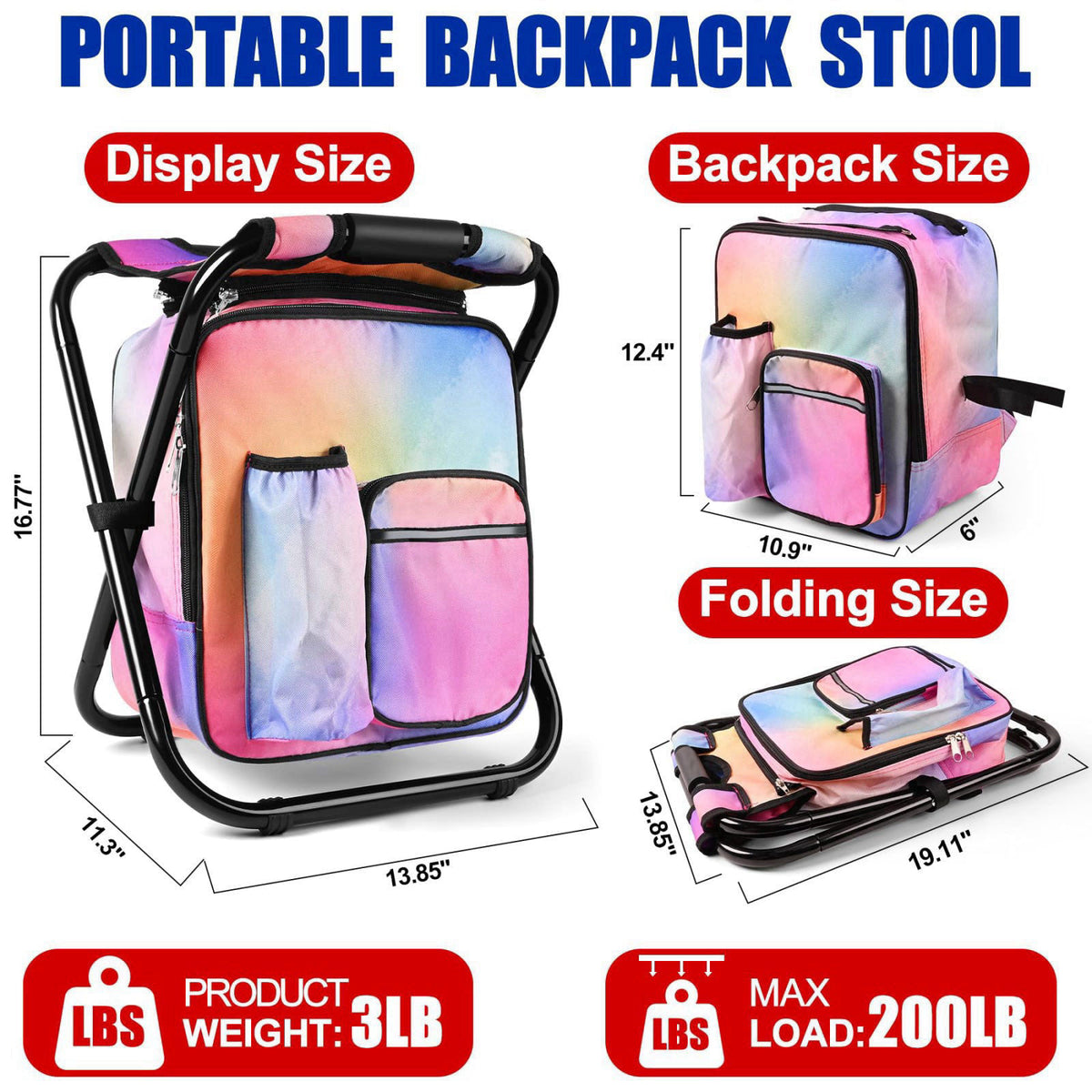 Kikerike Backpack Stool Cooler Chair Heavy Duty 200 LBS Max Load Portable Lightweight Stool Backpack Folding Fishing Coo