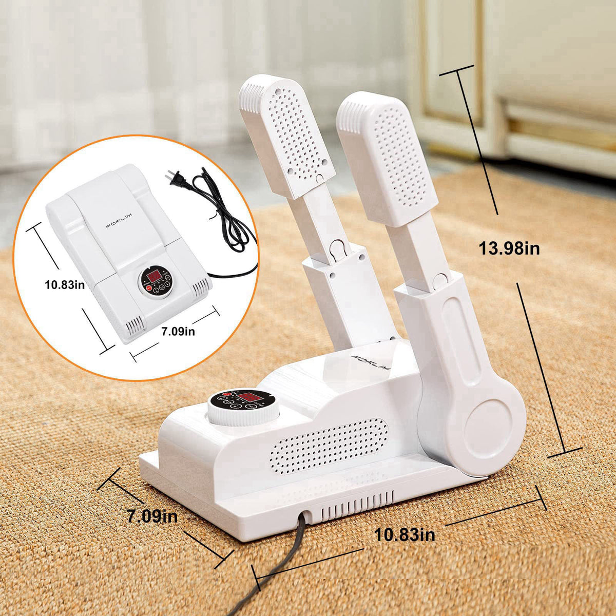 FORLIM Shoe & Boot Dryer for Work Boots, 3 Temp Modes, 24H Delay, White – packaging and label