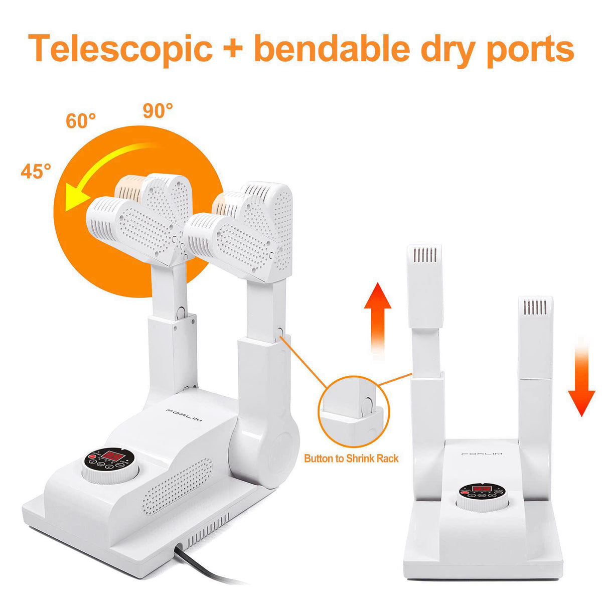 FORLIM Shoe & Boot Dryer for Work Boots, 3 Temp Modes, 24H Delay, White – back view and specifications