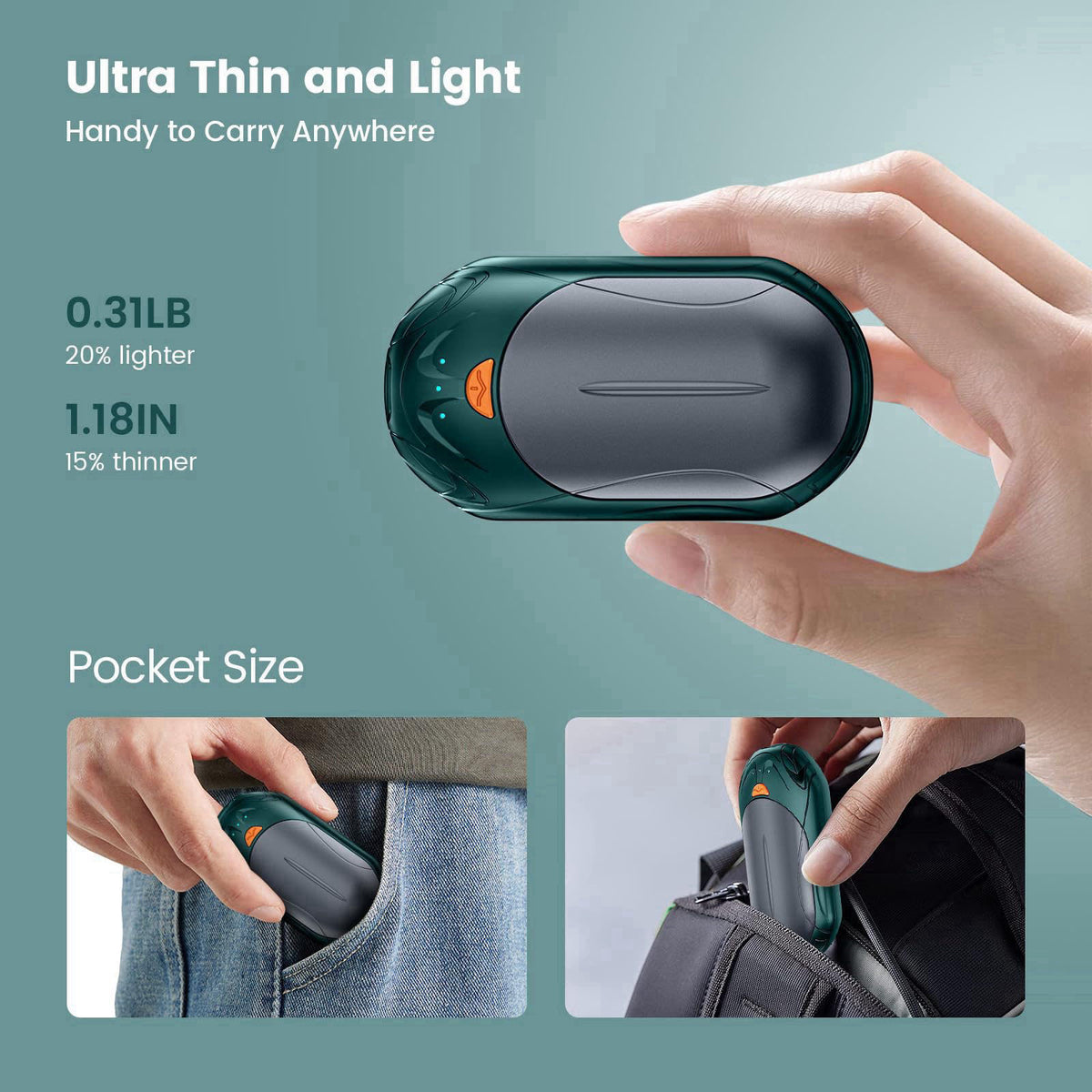 POMPONGO Hand Warmers,20H Heat,Rechargeable, Heat On Demand, 2 Pack – back view and specifications
