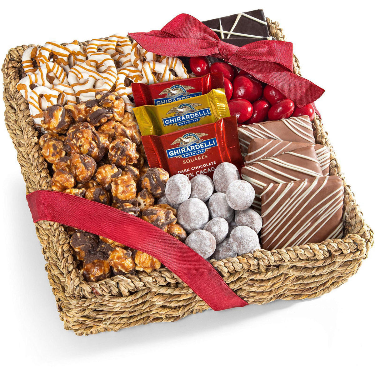 A Gift Inside Chocolate Gift Basket, Gourmet Chocolate Gift Basket with Caramel Popcorn, Chocolate Covered Cherries, Ghi