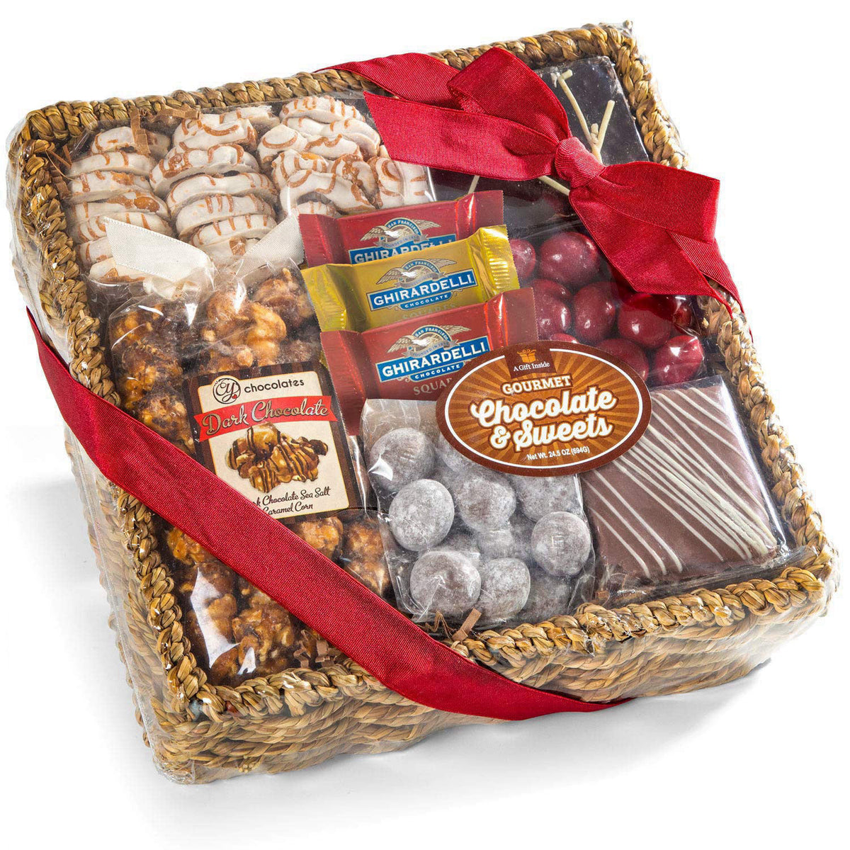 A Gift Inside Chocolate Gift Basket, Gourmet Chocolate Gift Basket with Caramel Popcorn, Chocolate Covered Cherries, Ghi
